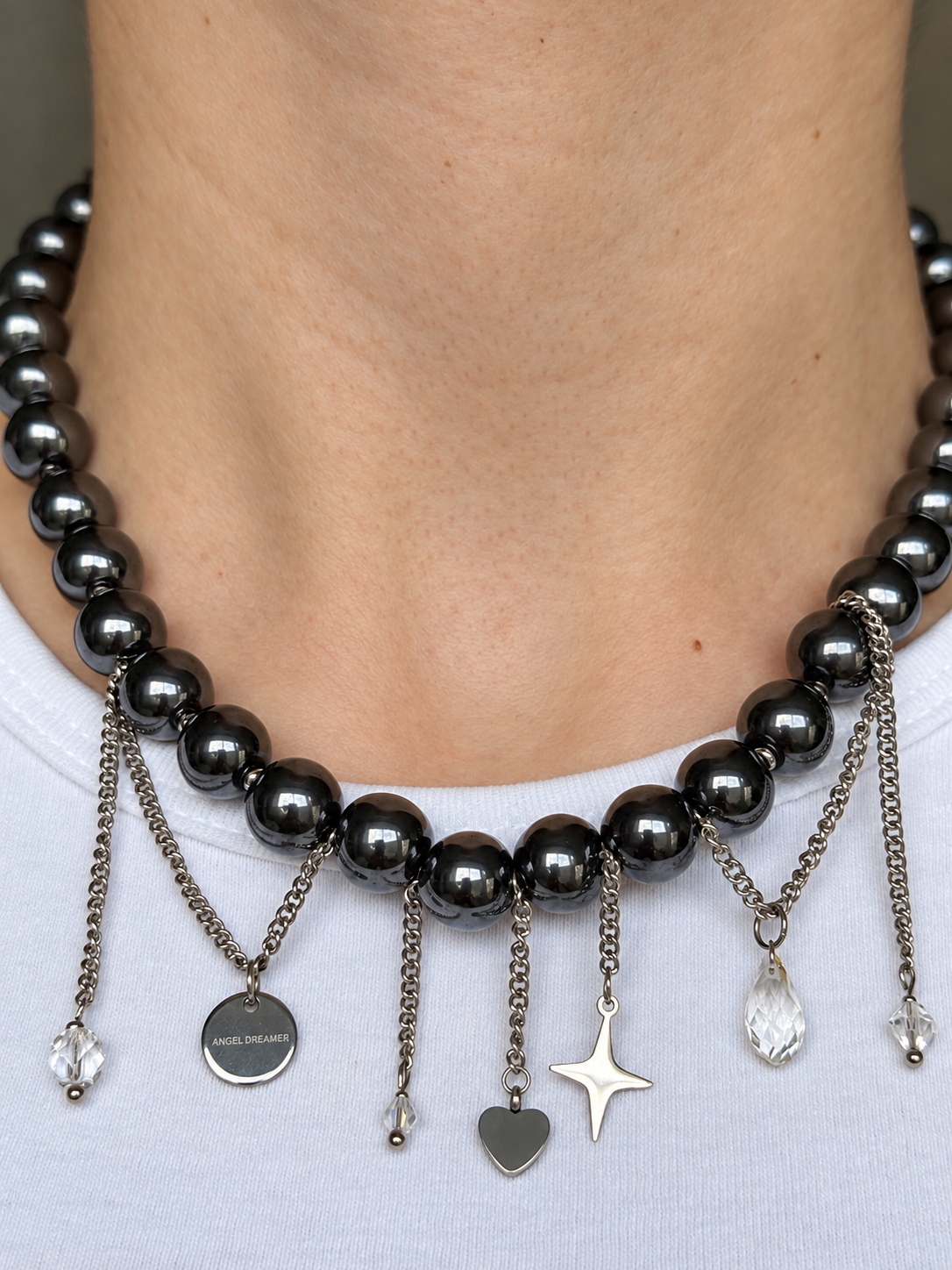 Hematite Bead Necklace with Dangling Charms