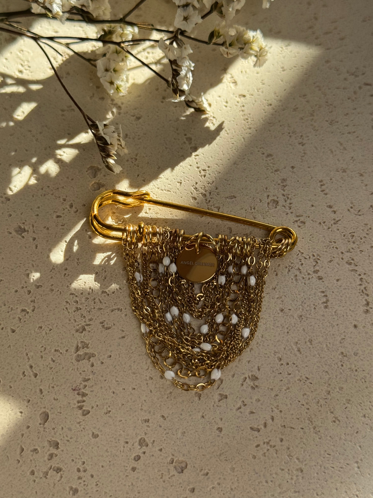 Gold-Tone Chain Brooch with White Beads