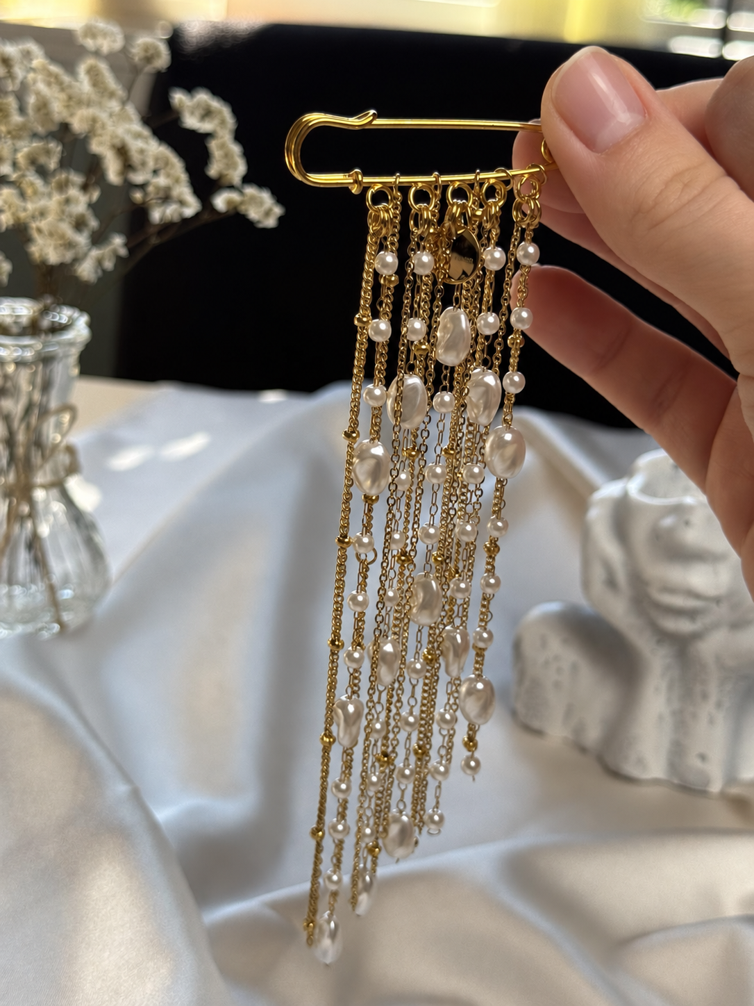Gold-Tone Pearl Bead Cascade Brooch