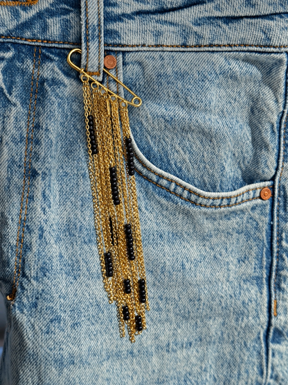 Gold-Tone Chain Brooch with Black Beads
