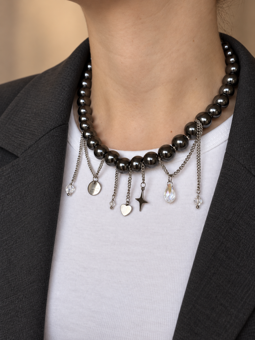 Hematite Bead Necklace with Dangling Charms