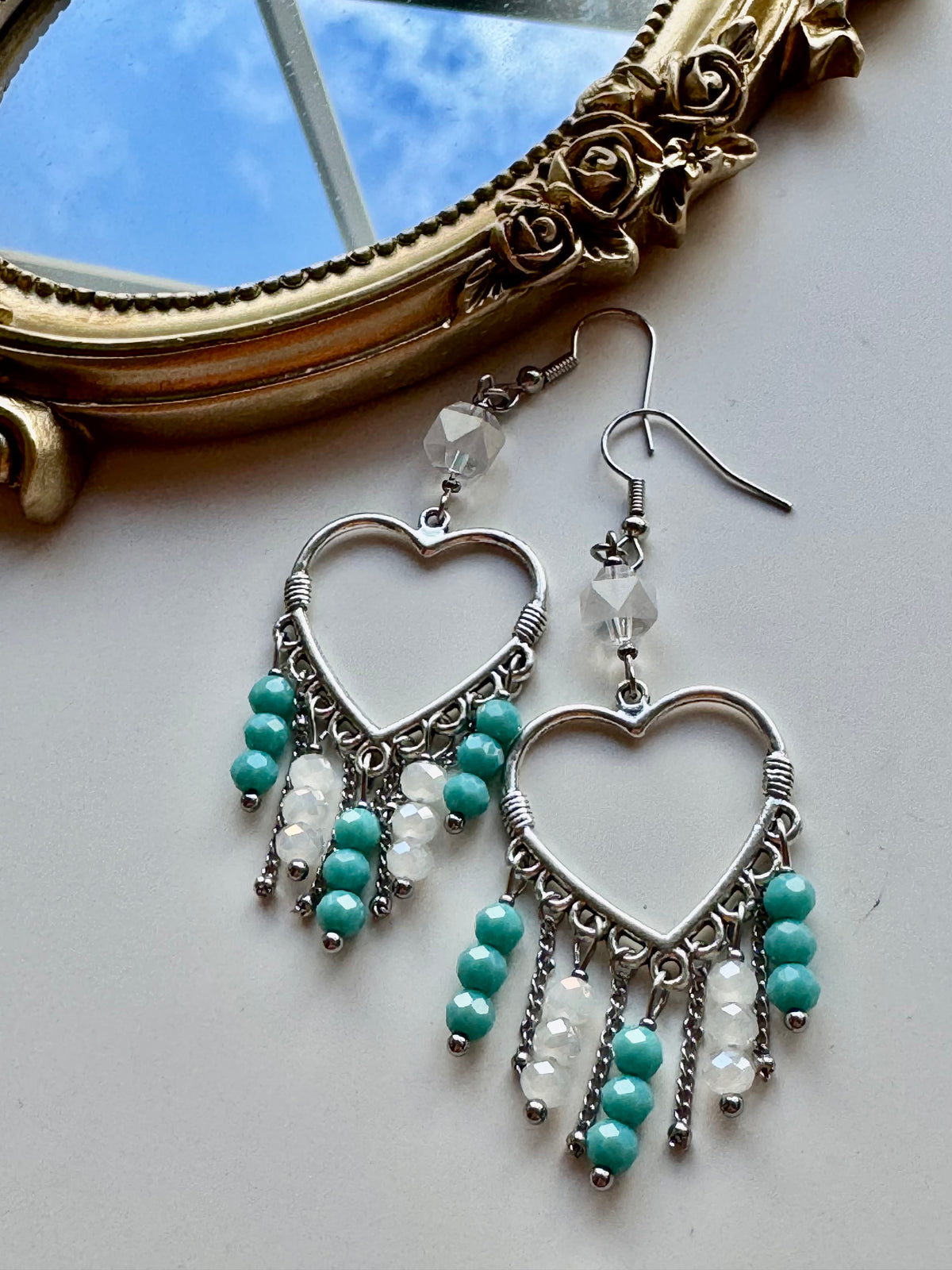 Blue and White Beaded Heart Earrings