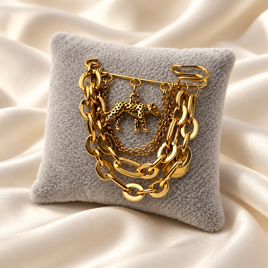 Gold chain brooch with leopard charm, handmade jewelry by Angel Dreamer